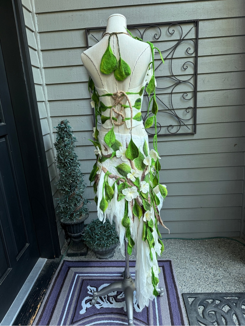 OOAK Handmade Felted Fairy Costume Leaf Draped Dress White & Green Size: Small - Picture 5 of 8